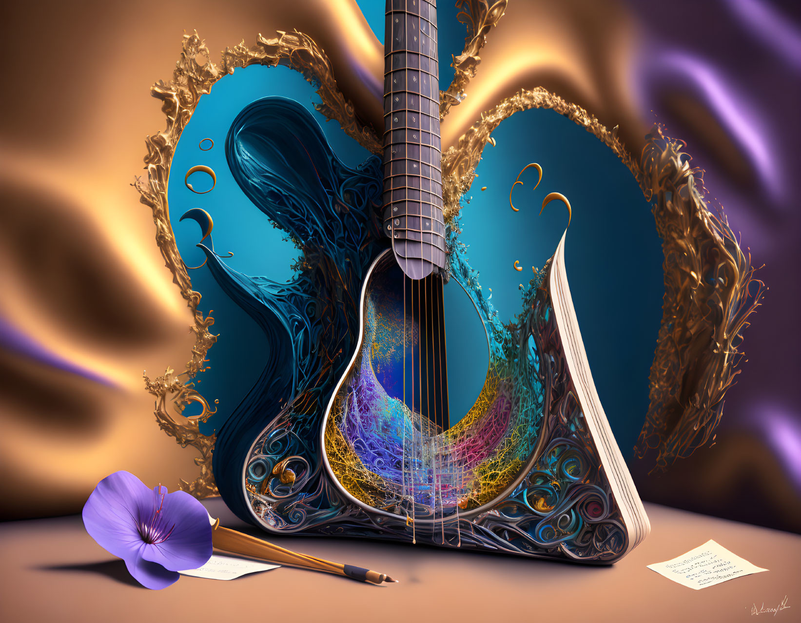 Surreal artwork: Acoustic guitar with colorful shapes, purple flower, paintbrush, and sheet