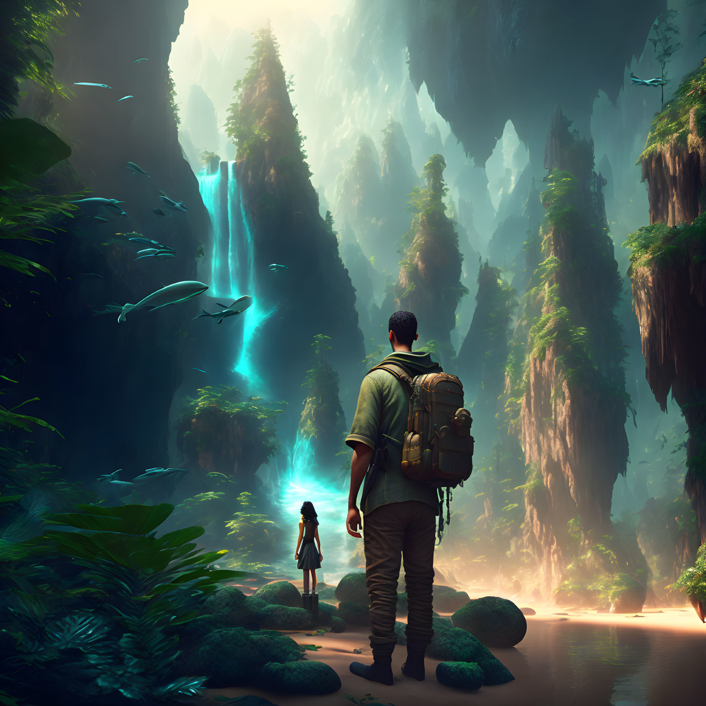 Explorers in lush forest with cliffs, waterfall, and birds