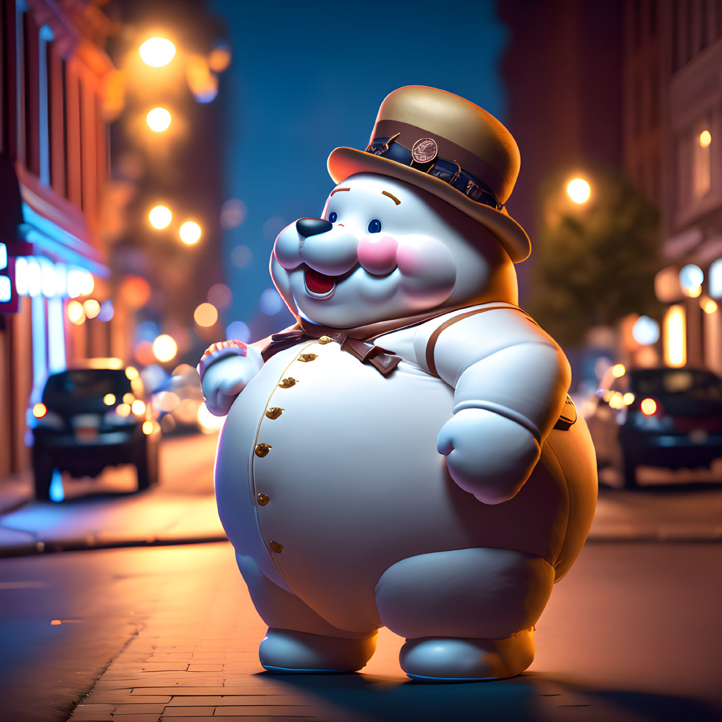 Cheerful, Plump Cartoon Character in Hat on City Street at Night