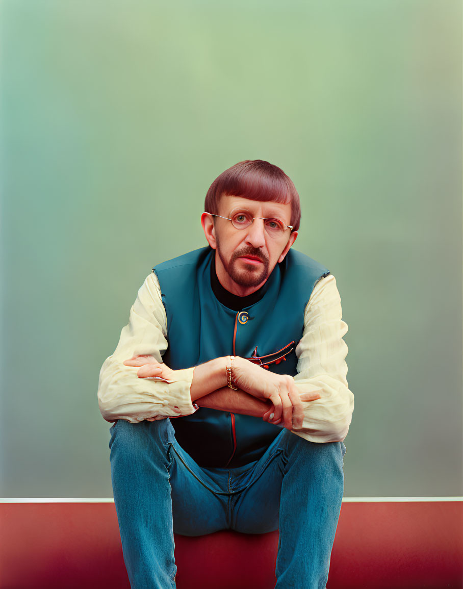 Bearded man in glasses with crossed arms on red surface