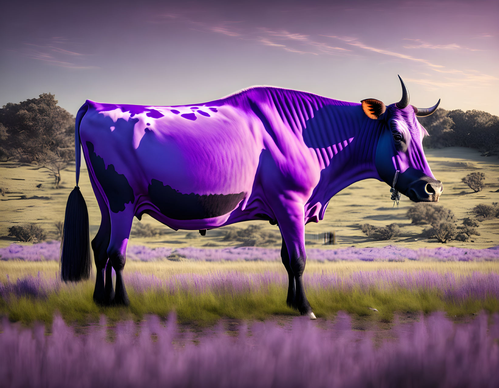 Digitally altered image: Purple and white patterned cow in surreal field