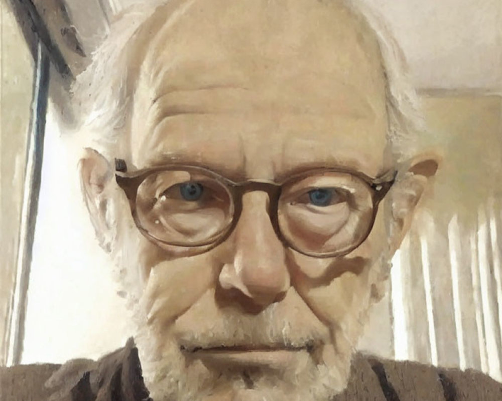 Elderly man with white hair, beard, and blue glasses in portrait with painting-like quality