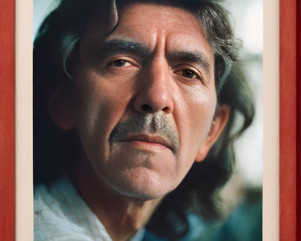 Close-Up Portrait of Man with Dark Hair and Mustache in Red Frame