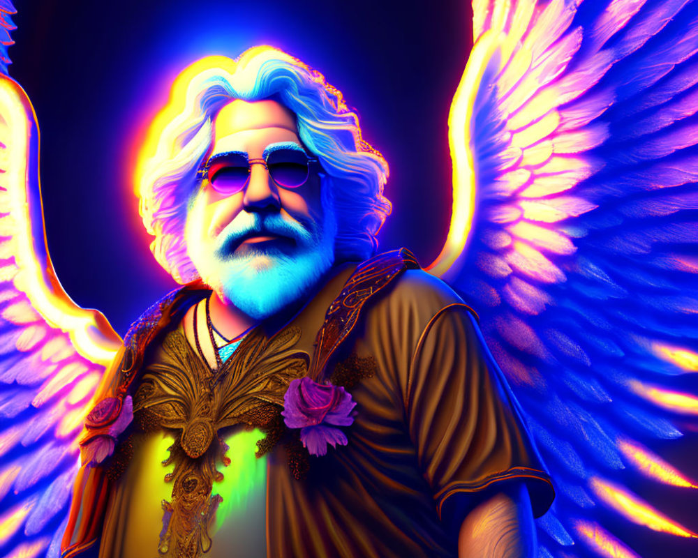 Colorful digital artwork: figure with wings, spectacles, and halo on glowing blue background