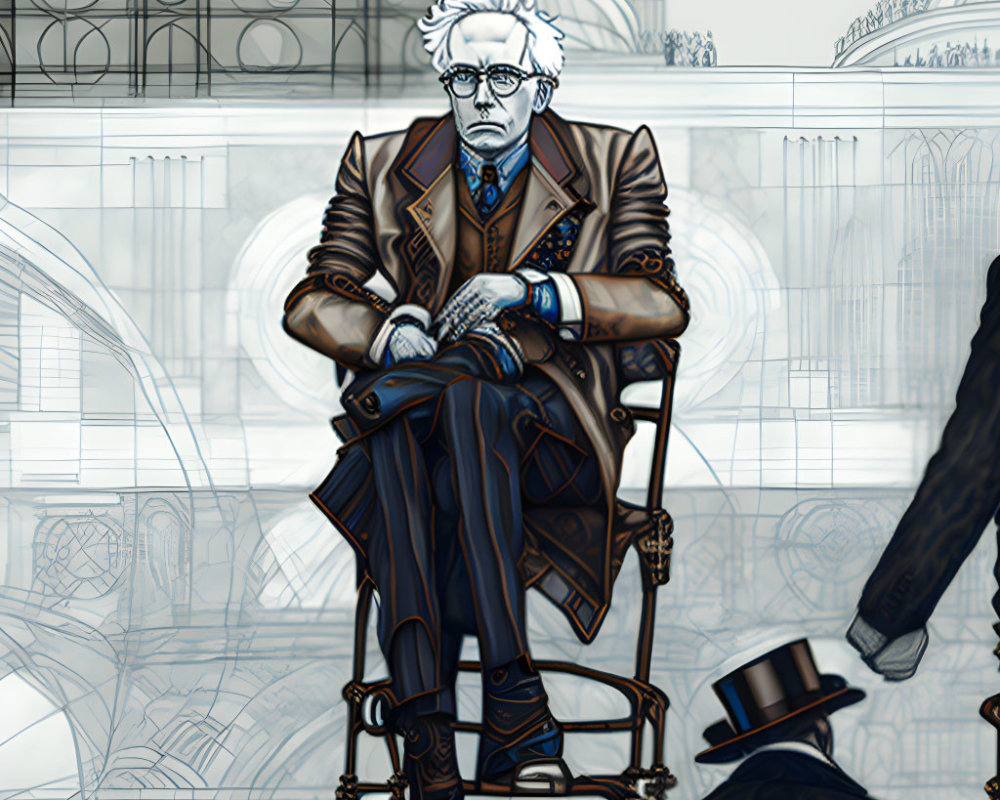 Pensive man with white hair in period-style coat sitting against architectural backdrop