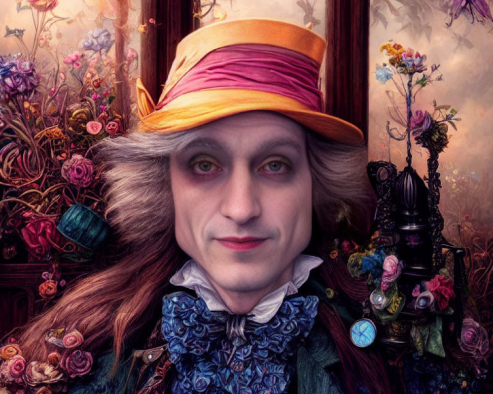 Colorful Mad Hatter Costume with Whimsical Floral Surroundings