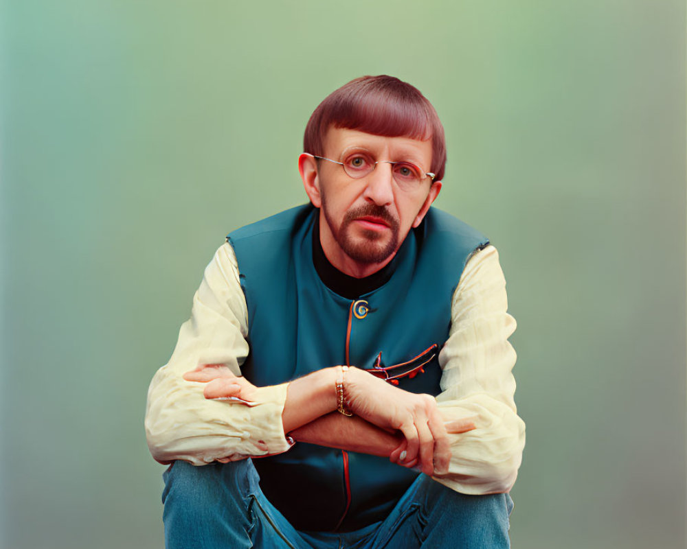 Bearded man in glasses with crossed arms on red surface