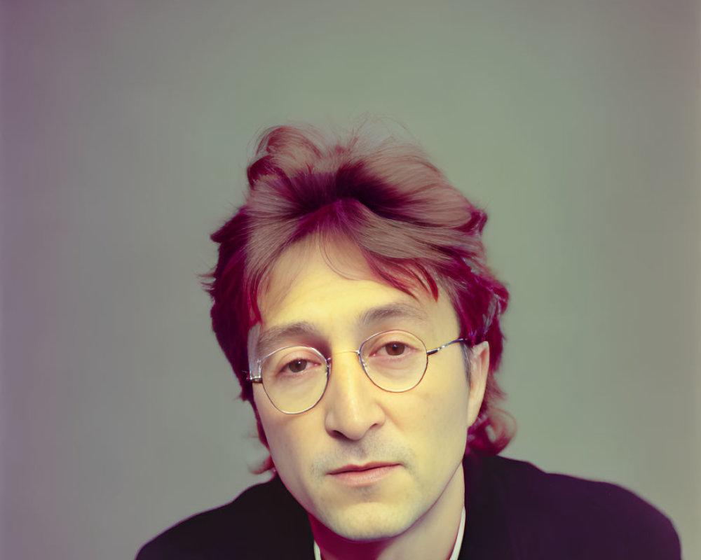 Man with Shoulder-Length Hair and Round Glasses on Gray Backdrop