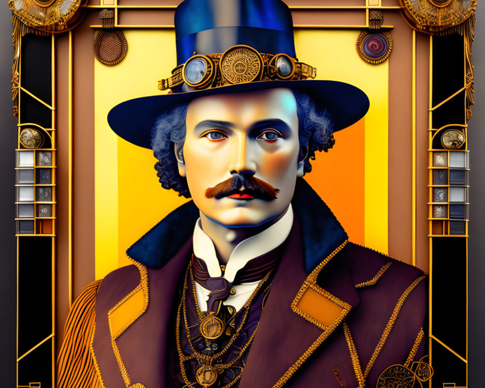 Steampunk themed digital portrait of a man with a mustache and top hat