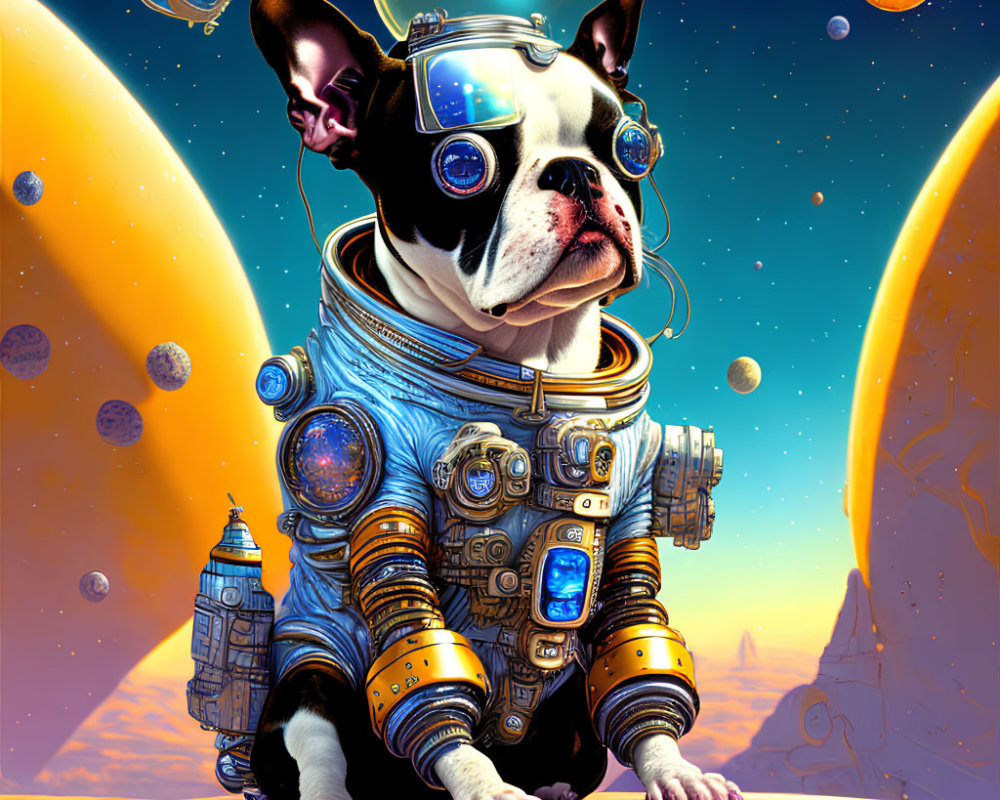 Boston Terrier in Space Suit on Alien Planet with Spaceships - Whimsical & Colorful Scene