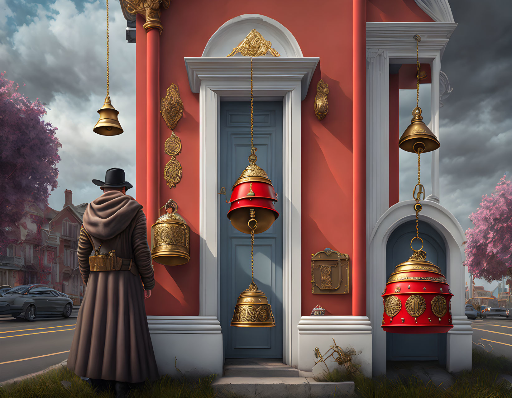 Person in trench coat and hat in front of vibrant red building with ornate golden bells