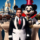 Animated image: Man in tuxedo and Minnie Mouse-like character smiling at castle