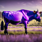 Digitally altered image: Purple and white patterned cow in surreal field