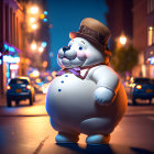 Cheerful, Plump Cartoon Character in Hat on City Street at Night