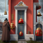 Person in trench coat and hat in front of vibrant red building with ornate golden bells