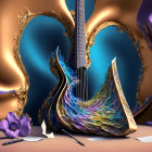 Surreal artwork: Acoustic guitar with colorful shapes, purple flower, paintbrush, and sheet