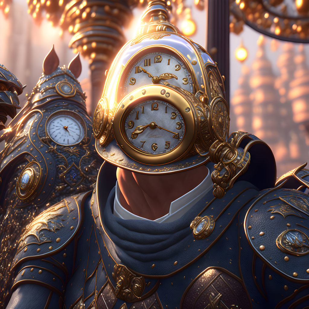 Fantastical figure in ornate armor with clock face helmet in warm, softly lit environment.