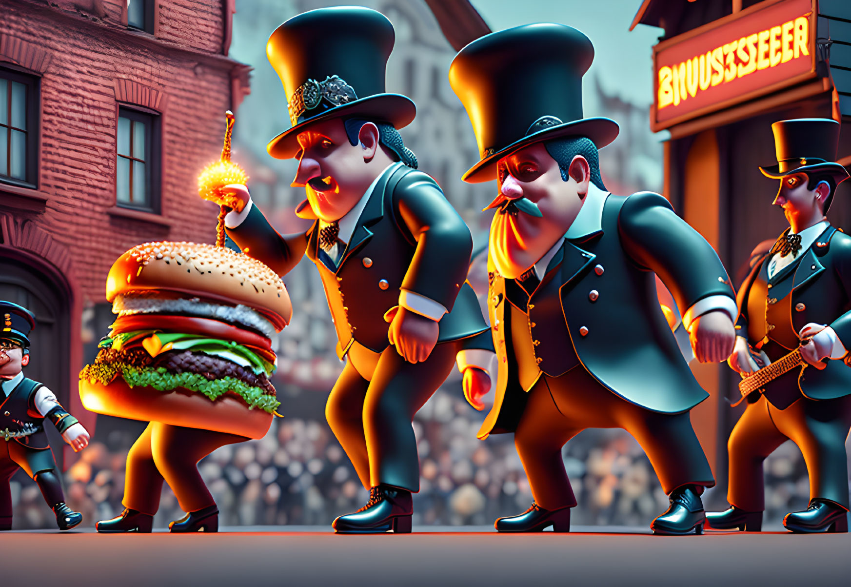 Whimsical illustration of uniformed characters with exaggerated features and a giant burger in urban setting