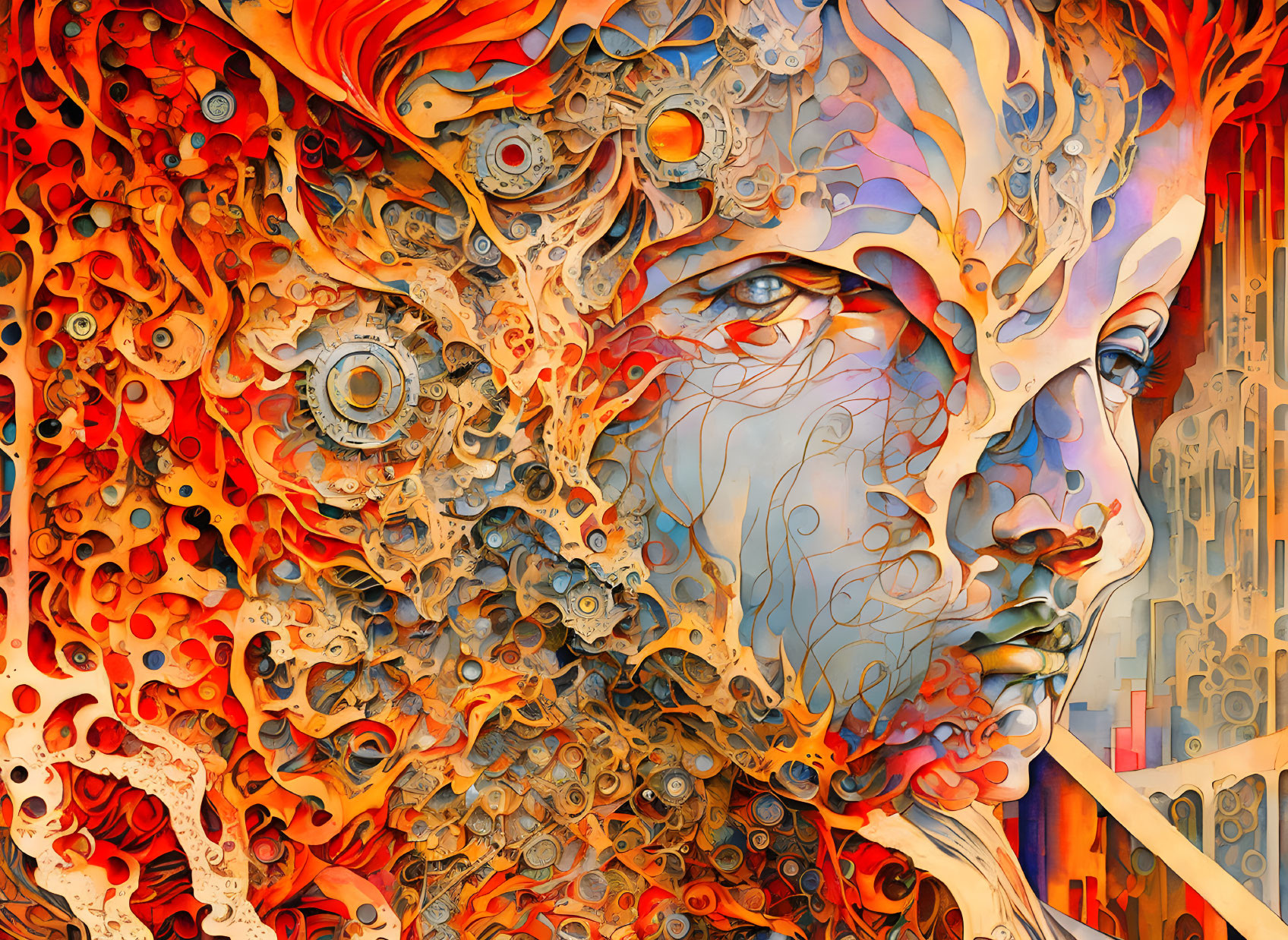 Colorful digital artwork blending human and mechanical elements in warm tones