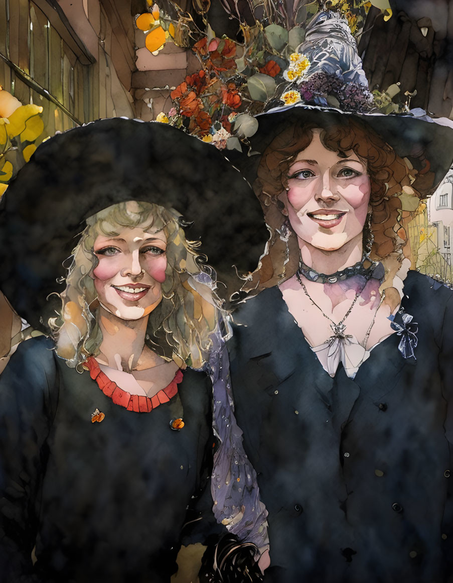 Two Women in Witch Costumes with Elaborate Autumn Hats