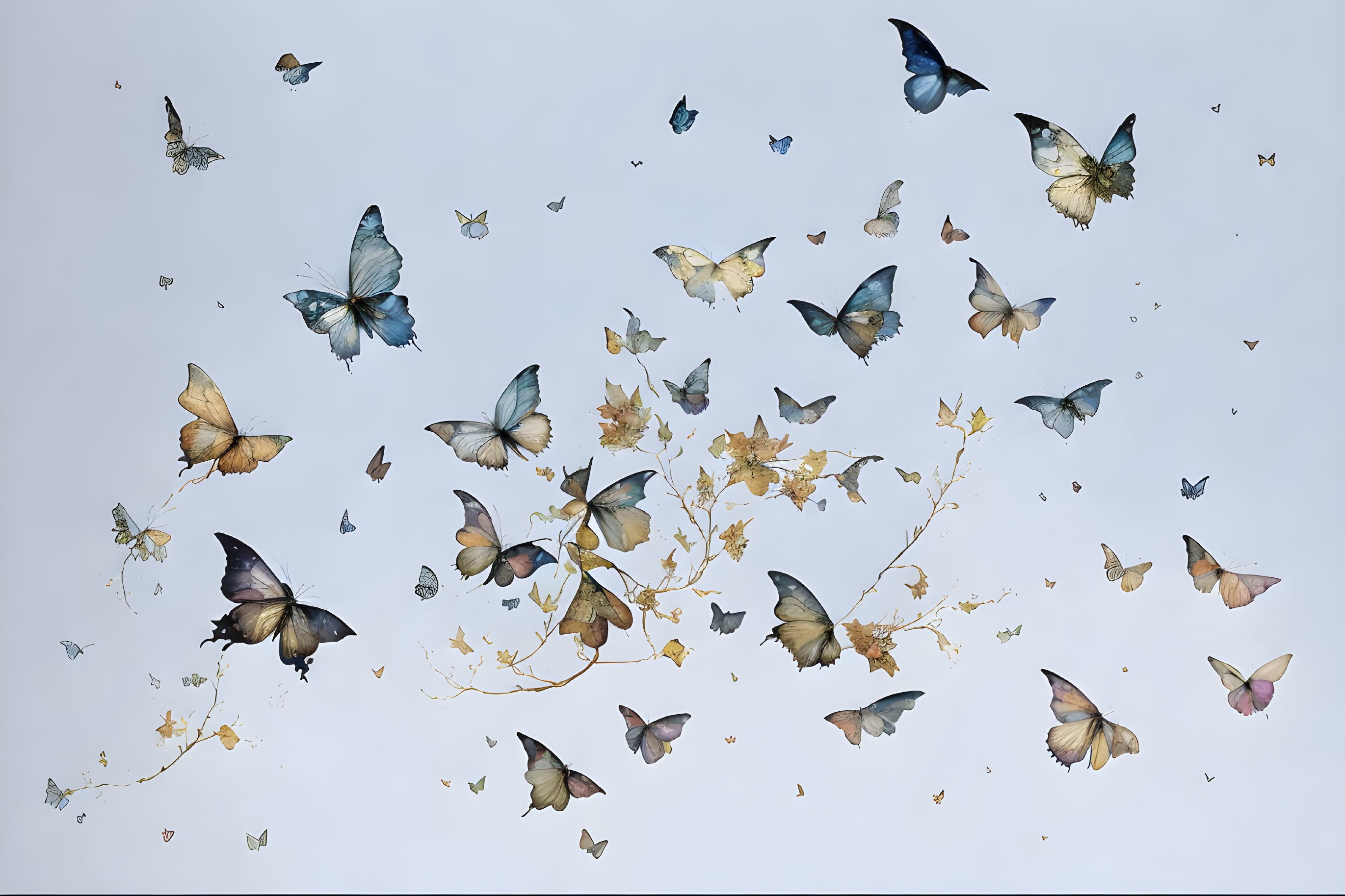 Colorful butterflies fluttering around delicate branches on a pale background