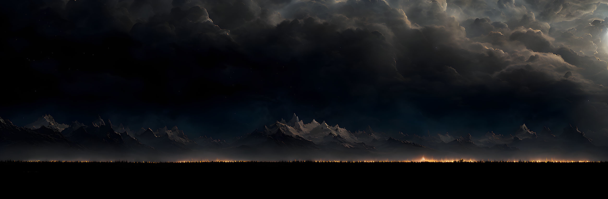 Stormy Sky Panorama with Silhouetted Mountains