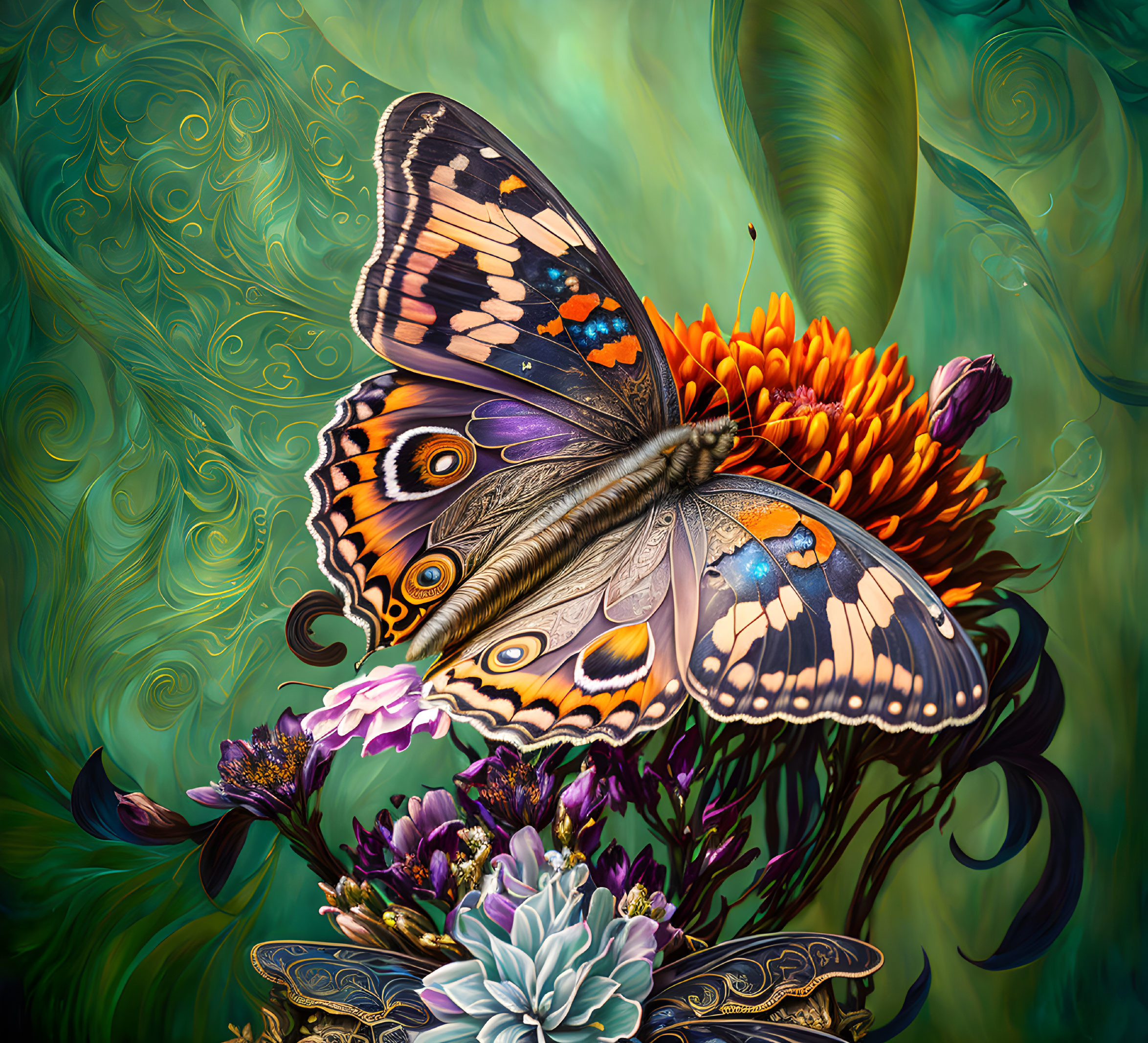 Colorful Butterfly Illustration on Flower with Swirl Background