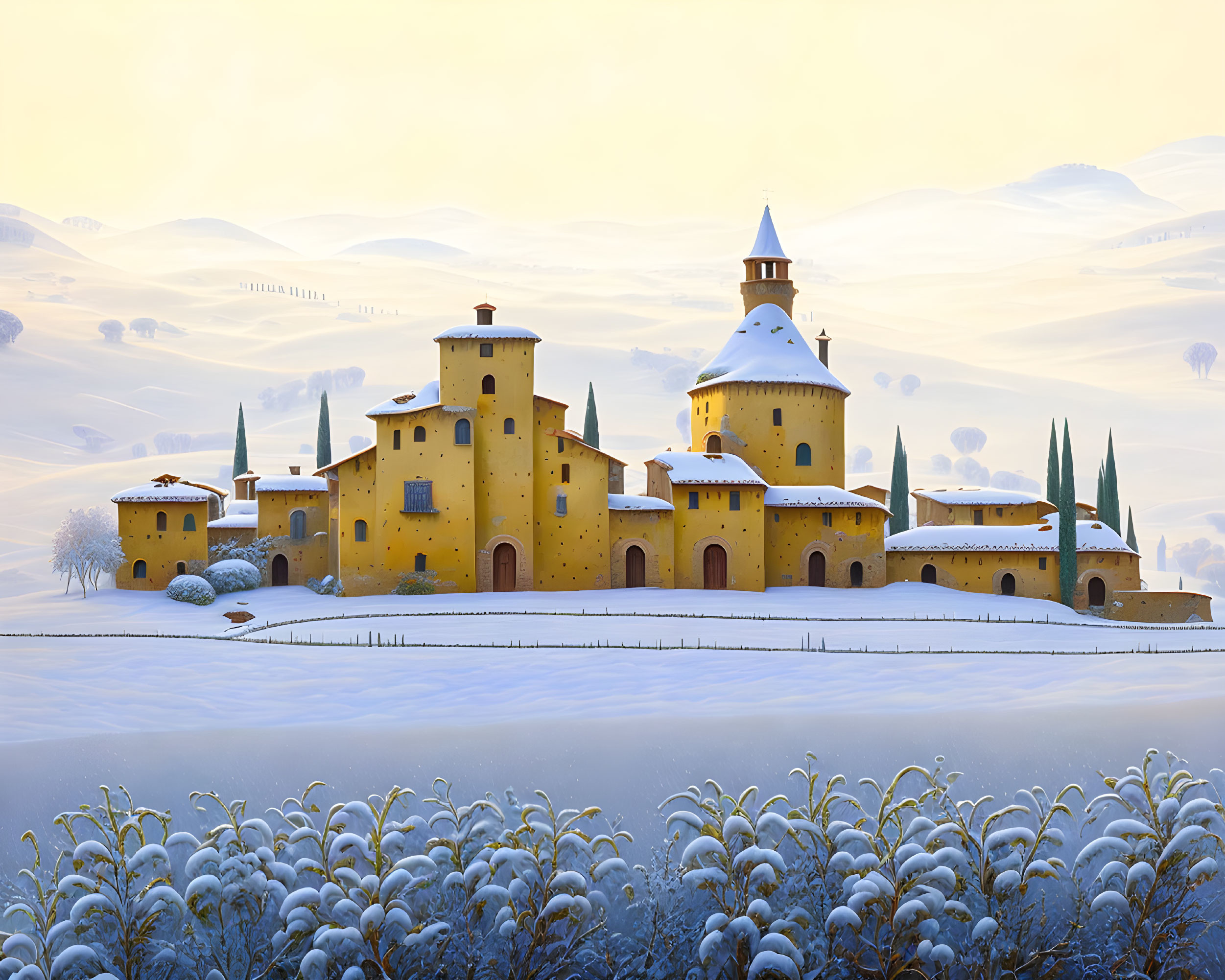 Yellow village illustration in snowy landscape with frosted trees