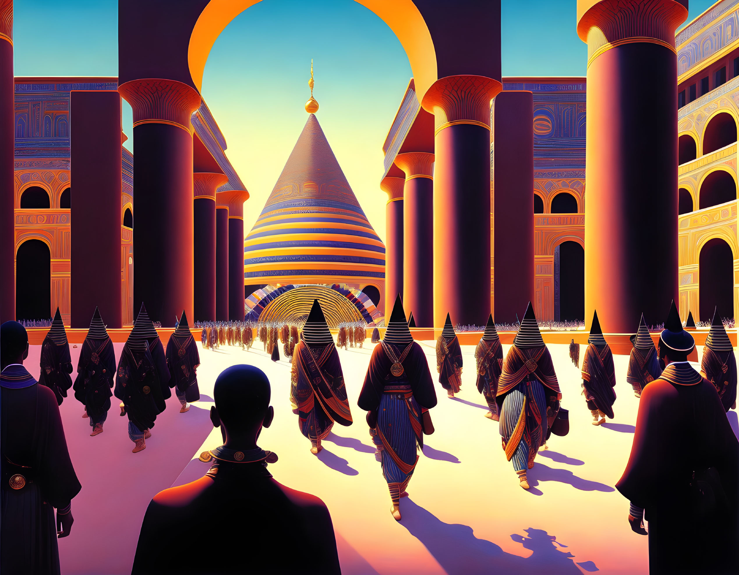 Surreal illustration of people in cloaks near ornate dome