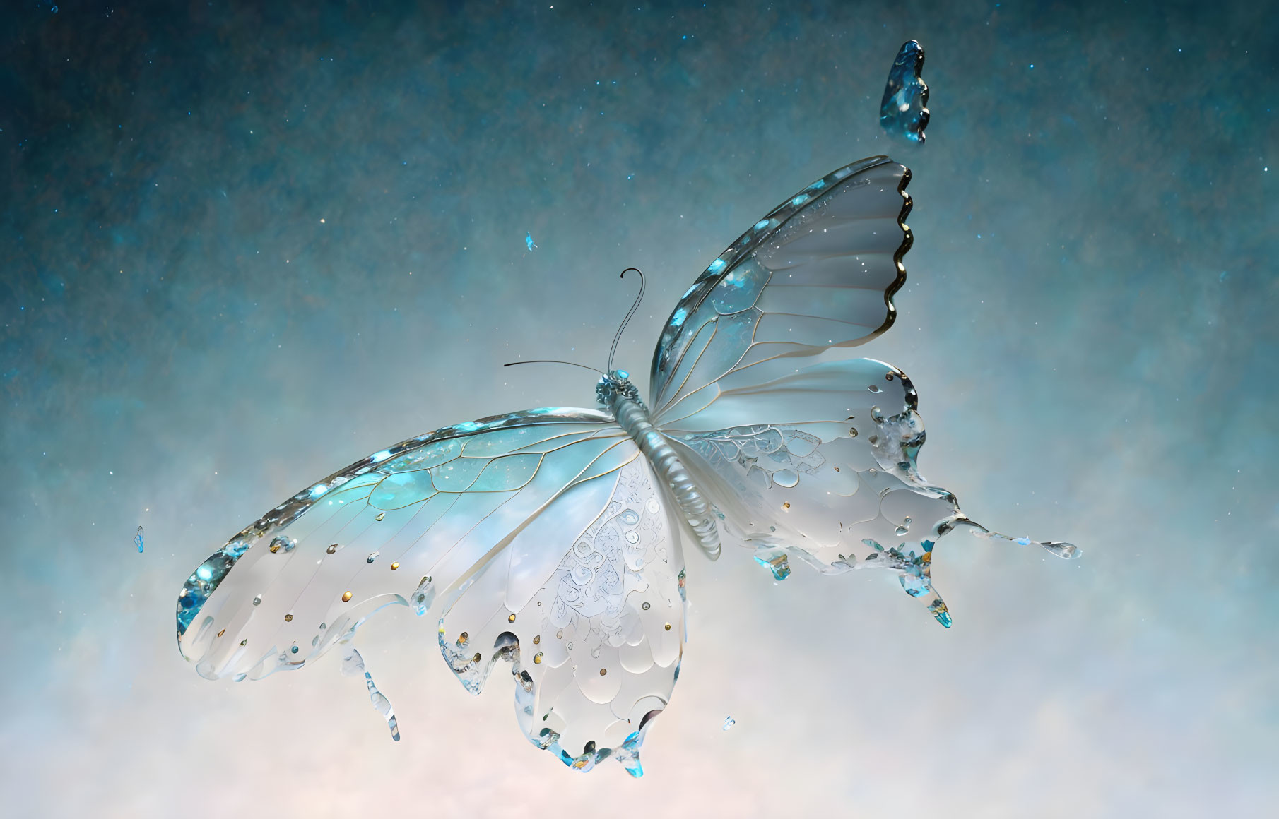 Translucent butterfly with water droplets on wings on soft blue backdrop