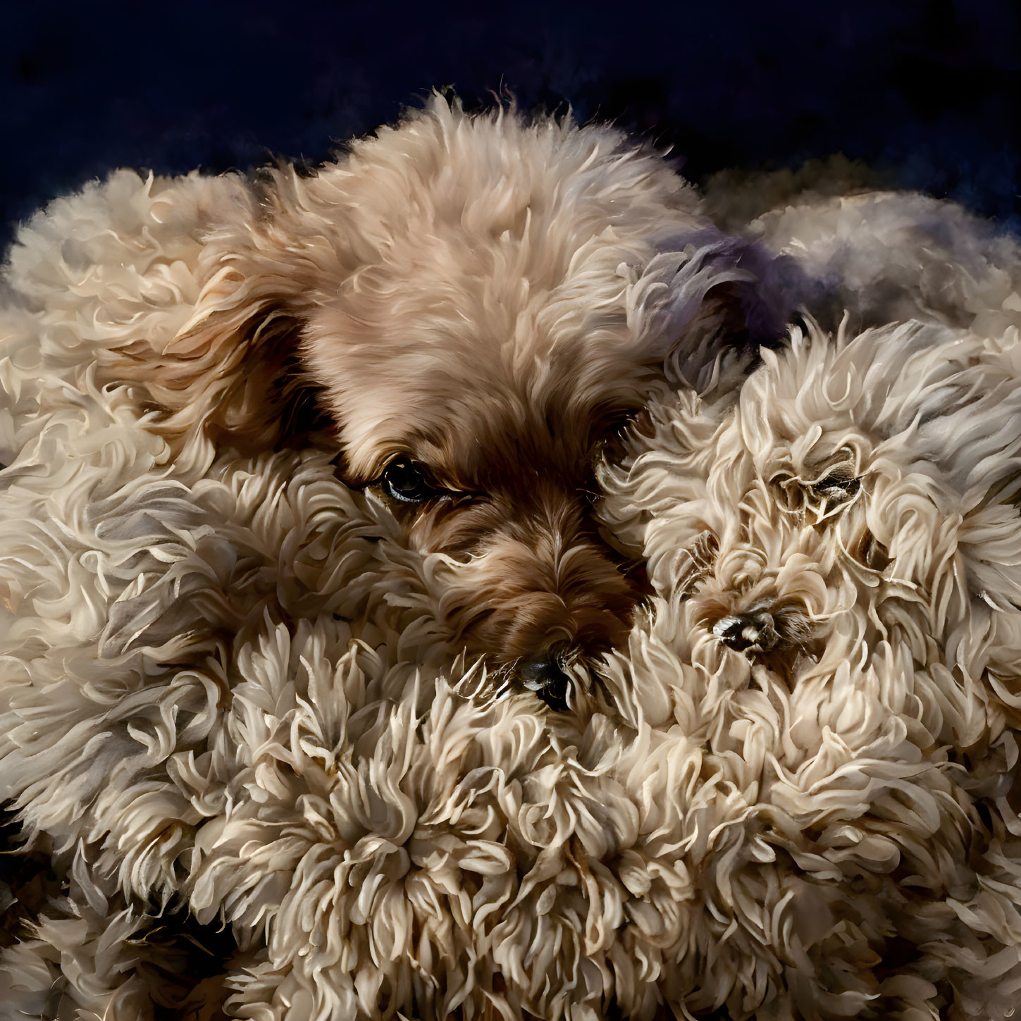 Fluffy Light Brown Dog Close-Up on Dark Blue Background