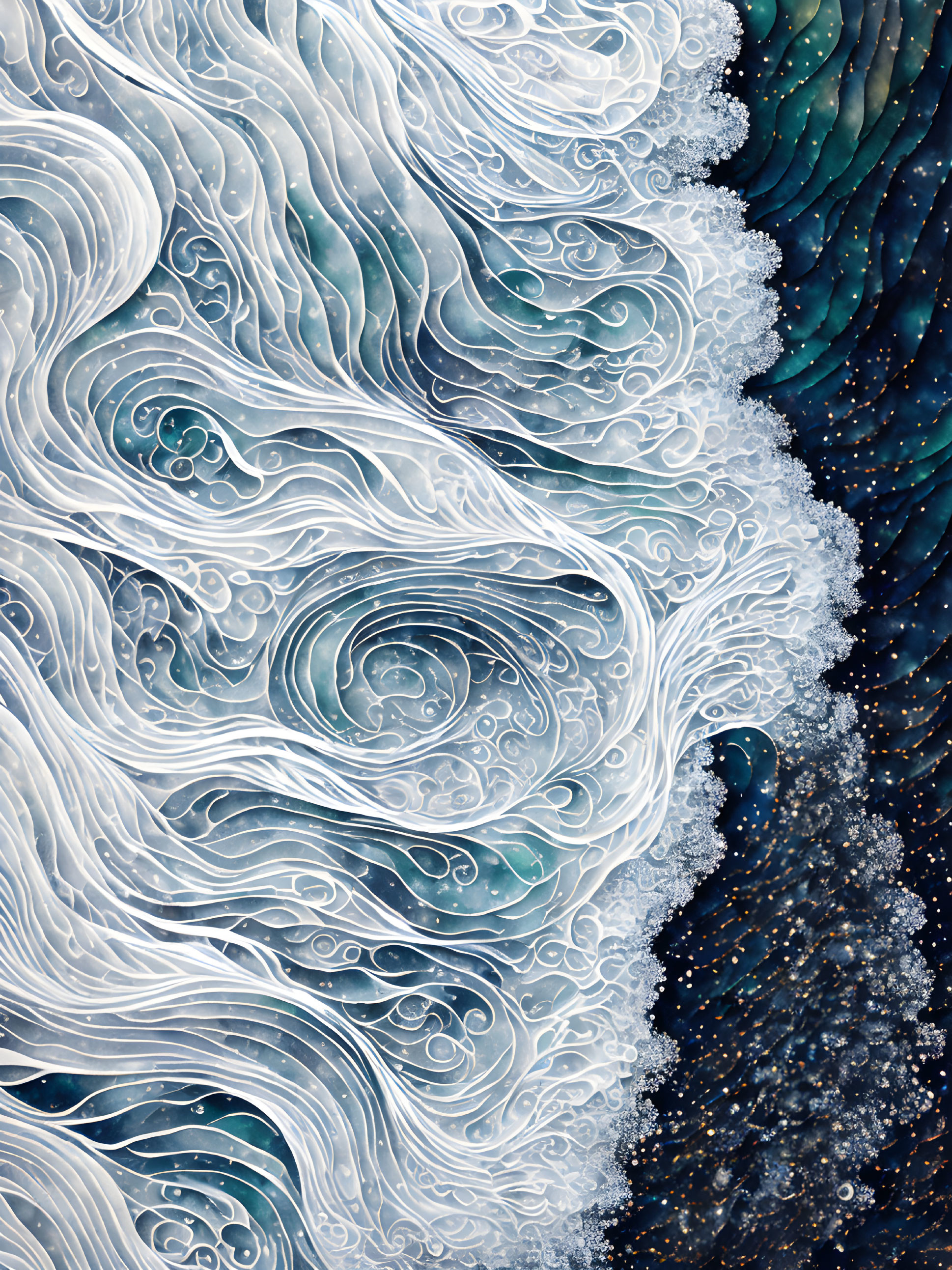 Detailed blue and white swirling waves illustration with foam patterns and dark starry sky.