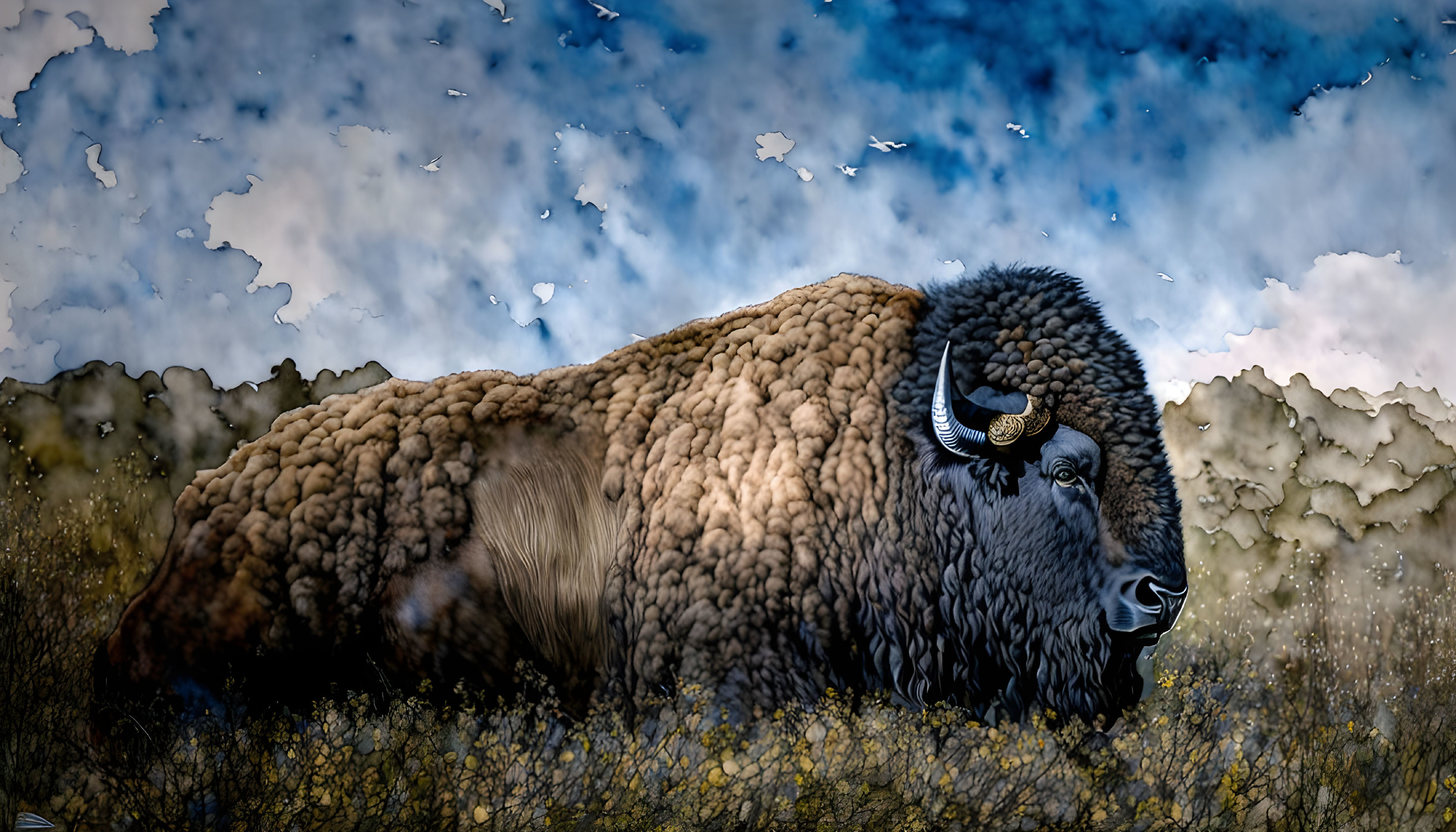 Majestic bison in field under dramatic sky with birds