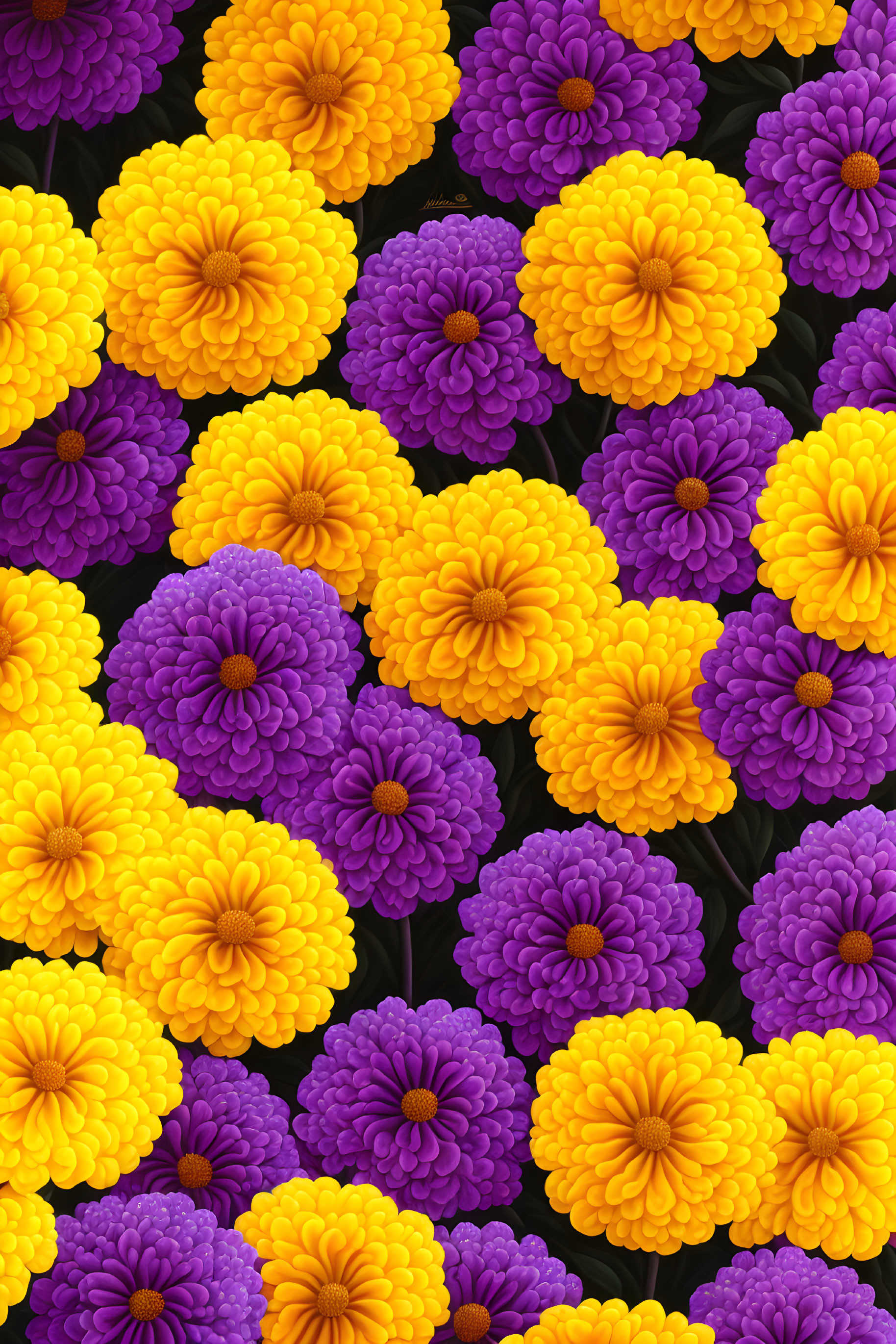 Yellow and Purple Chrysanthemums Floral Pattern on Dark Background