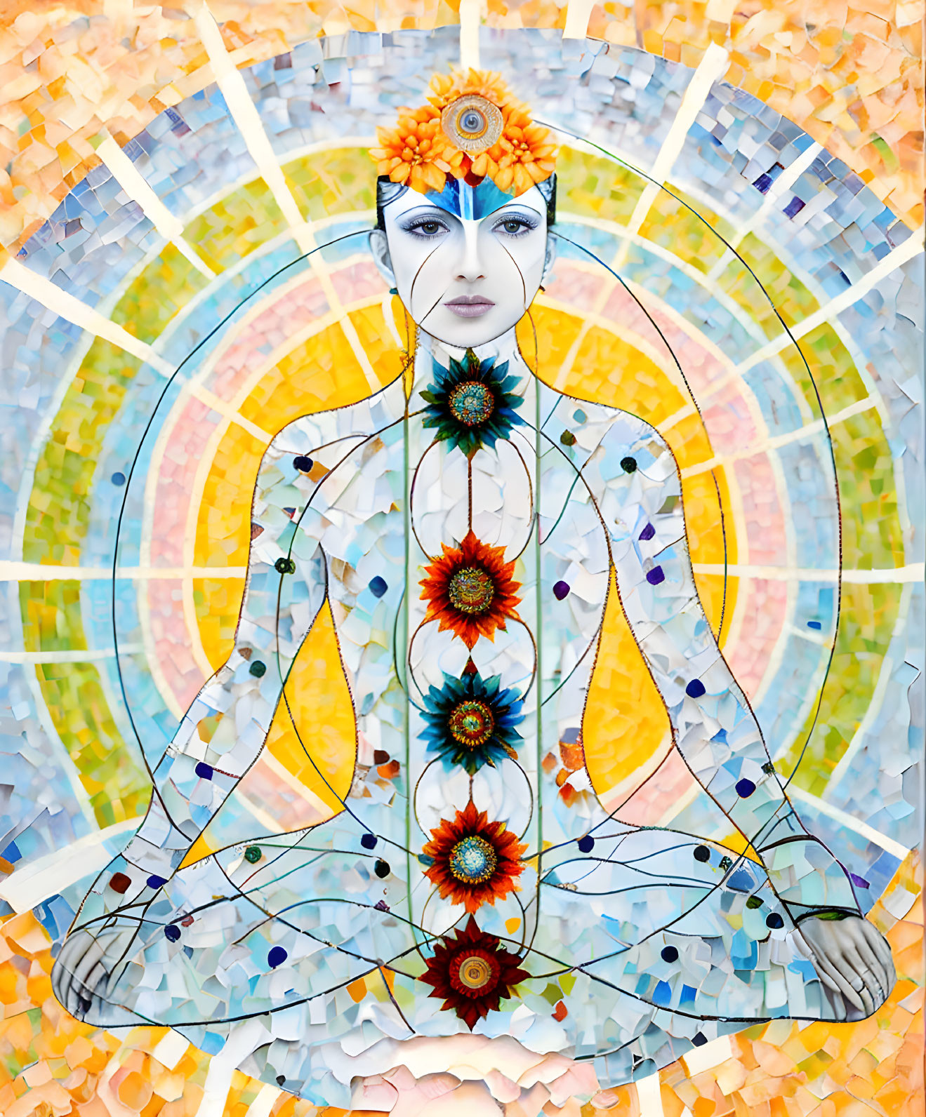 Colorful meditating figure with chakra symbols and mosaic backdrop in warm hues