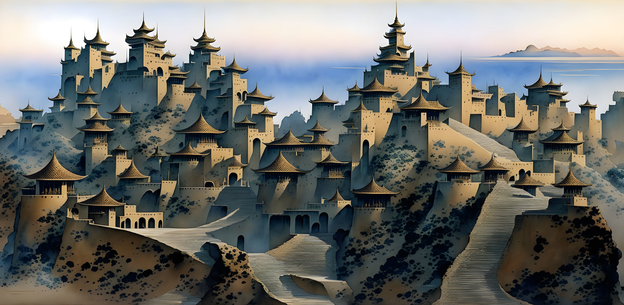 Fantasy city with pagoda-style buildings in desert landscape