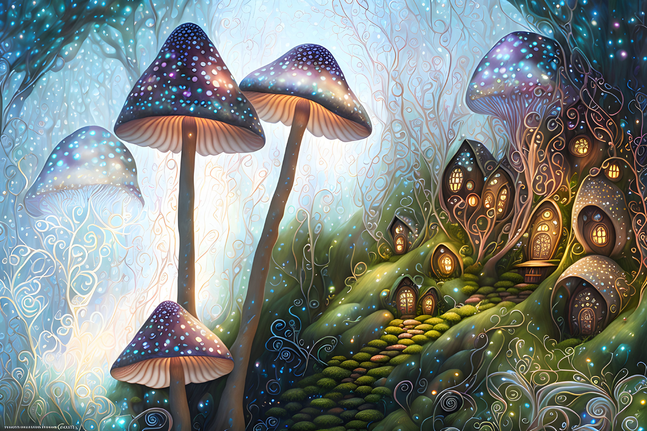 Fantasy landscape with glowing mushrooms and intricate houses.