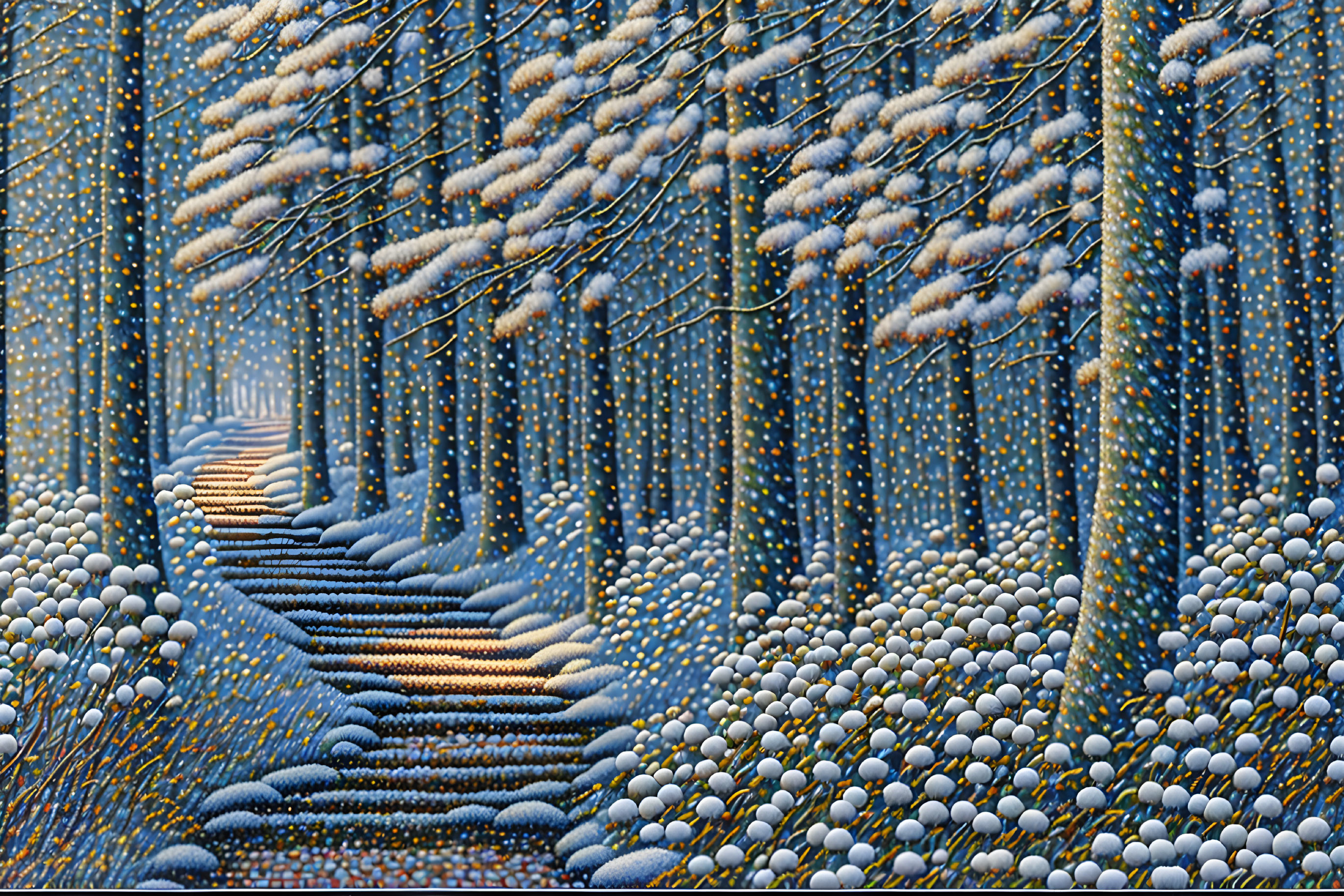 Surreal forest with thin trees, colorful spheres, and winding path in blue and white surroundings