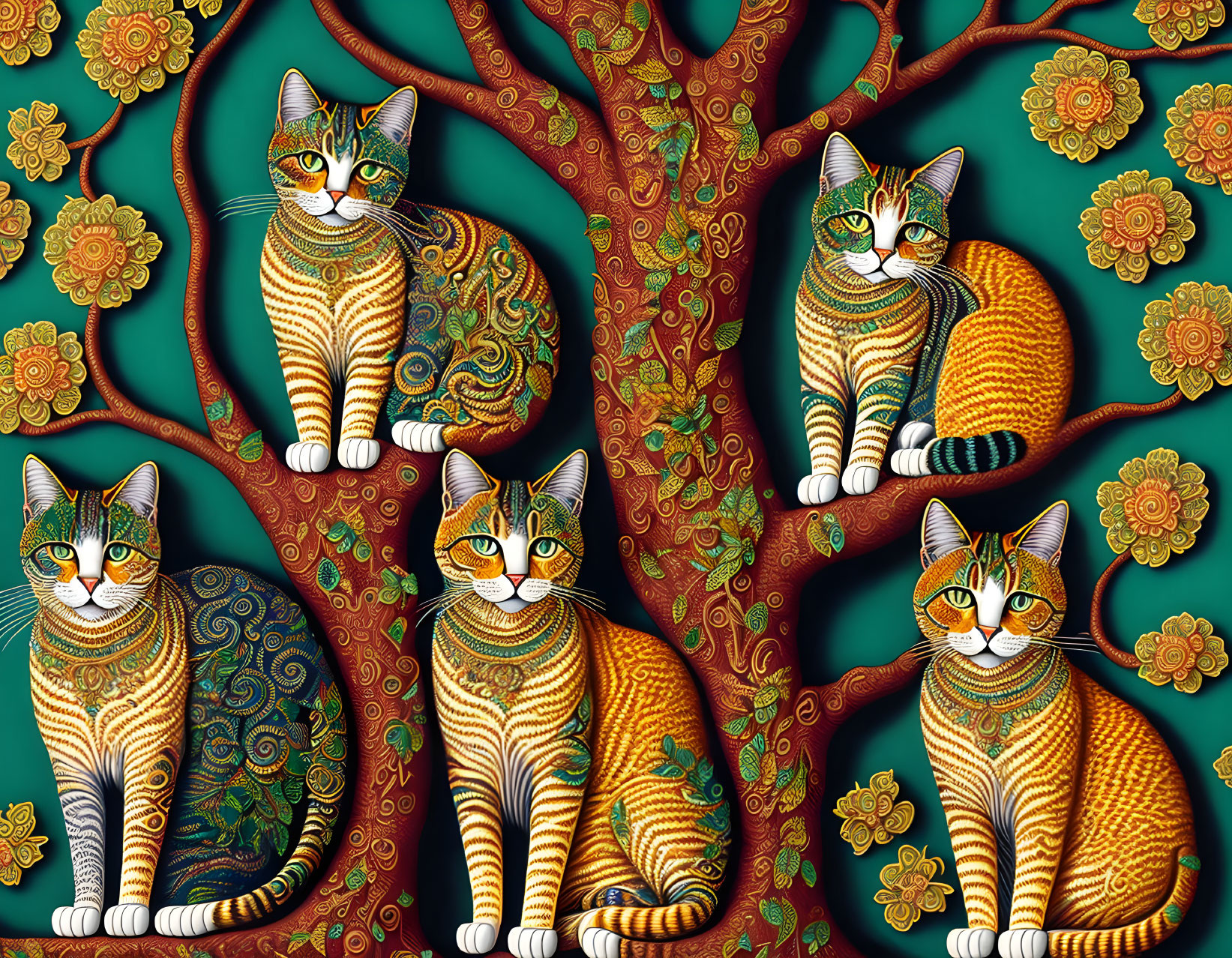 Vibrant illustration of four patterned cats in a floral tree setting