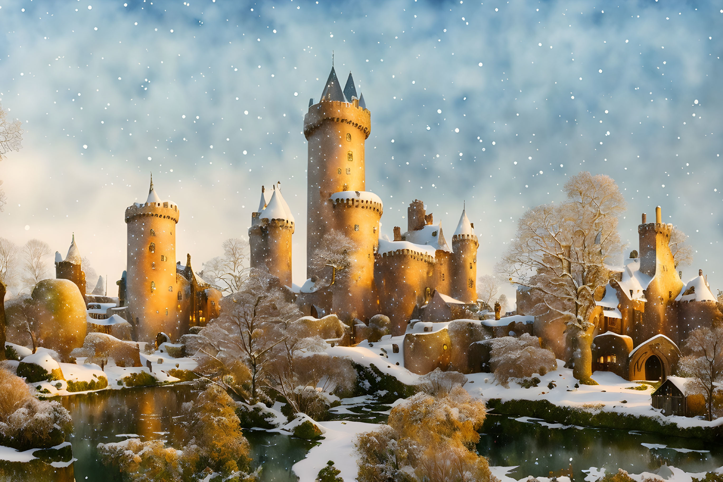 Snowy landscape with majestic castle and river