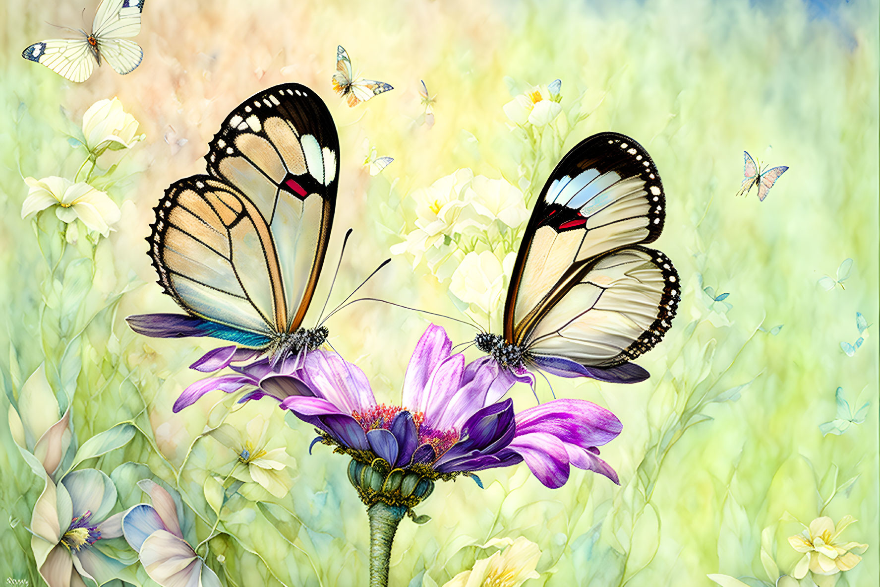 Colorful butterflies on purple flower in field of blooms with multicolored backdrop