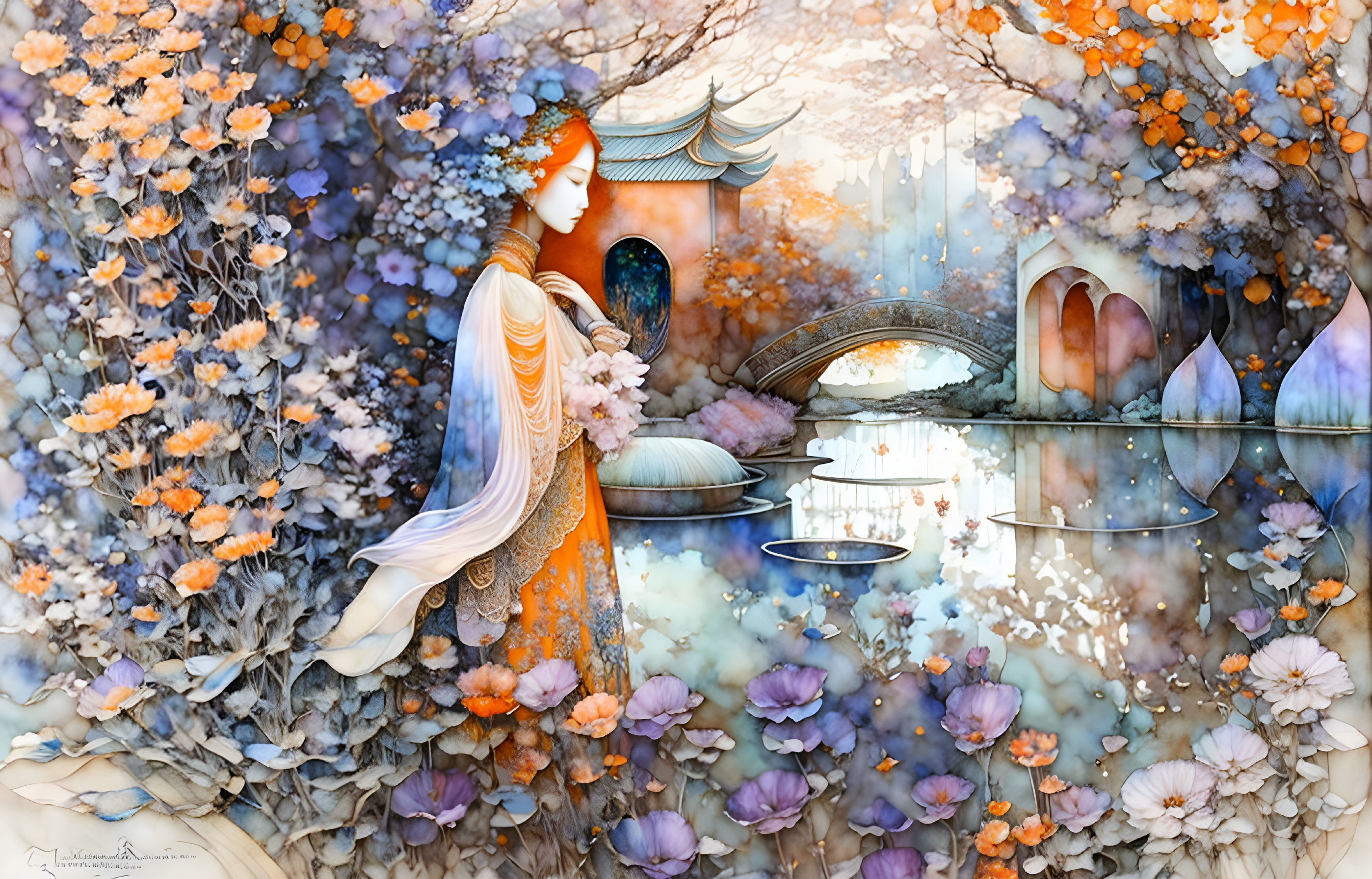 Colorful Blooming Garden with Serene Female Figure and Bridge