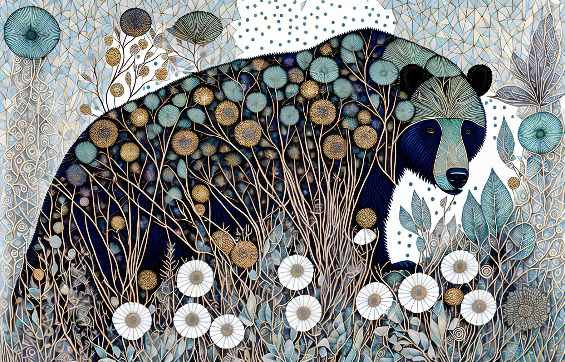 Bear Camouflaged in Blue, Gold, and White Floral Geometric Pattern