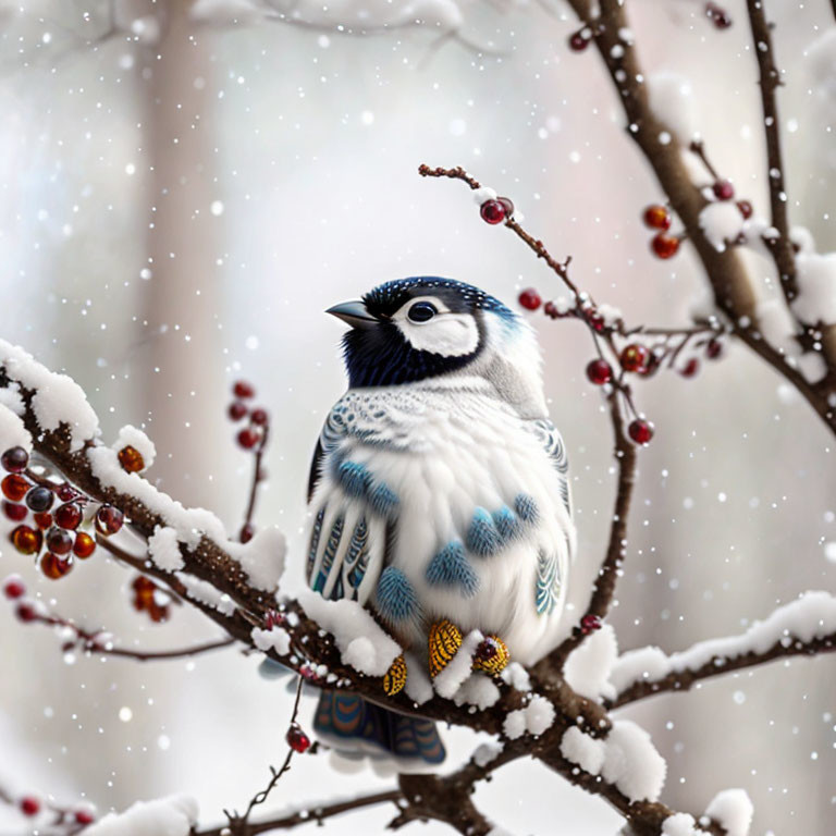 Colorful bird on snowy branch with red berries and falling snowflakes