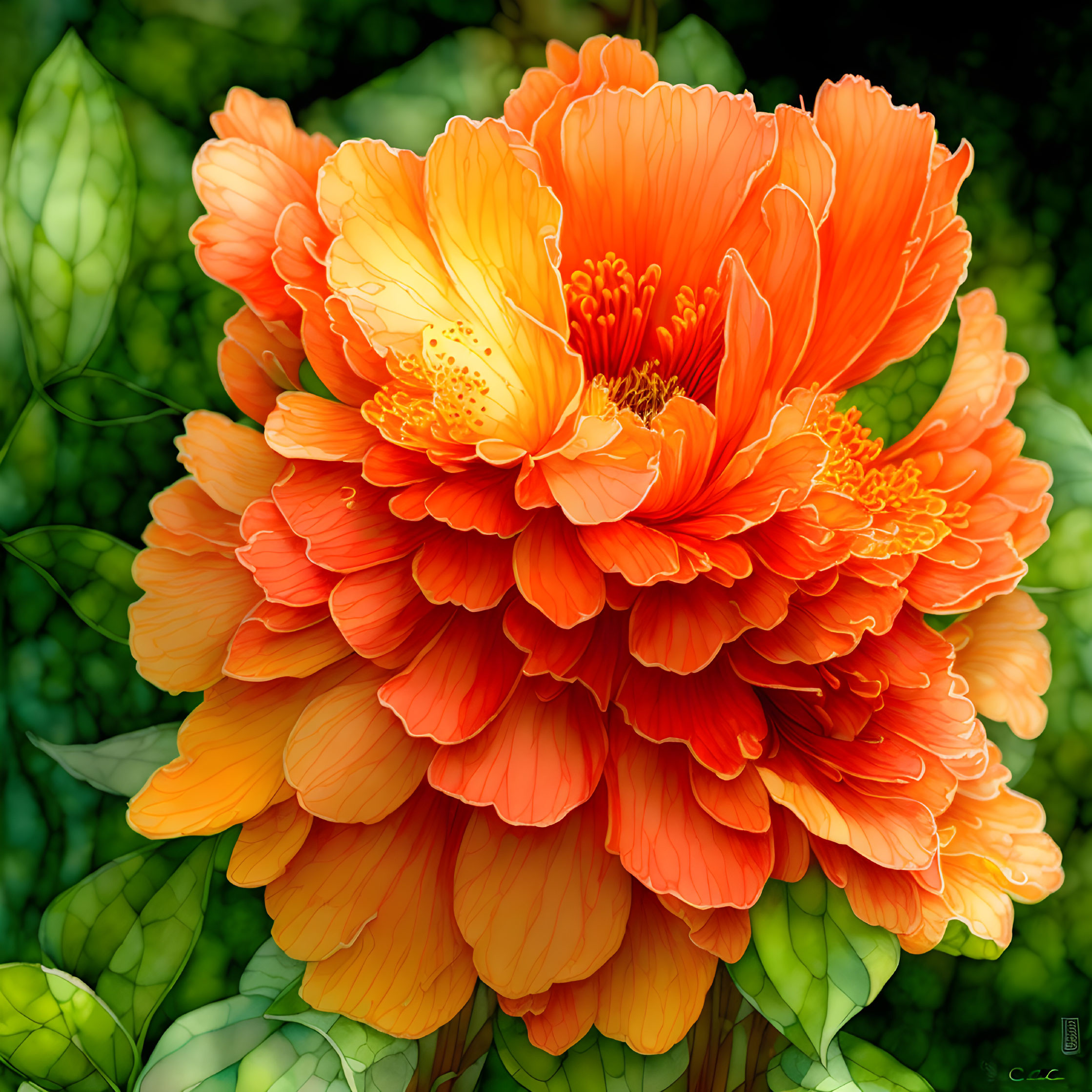 Colorful Digital Illustration of Orange Peony and Green Leaves