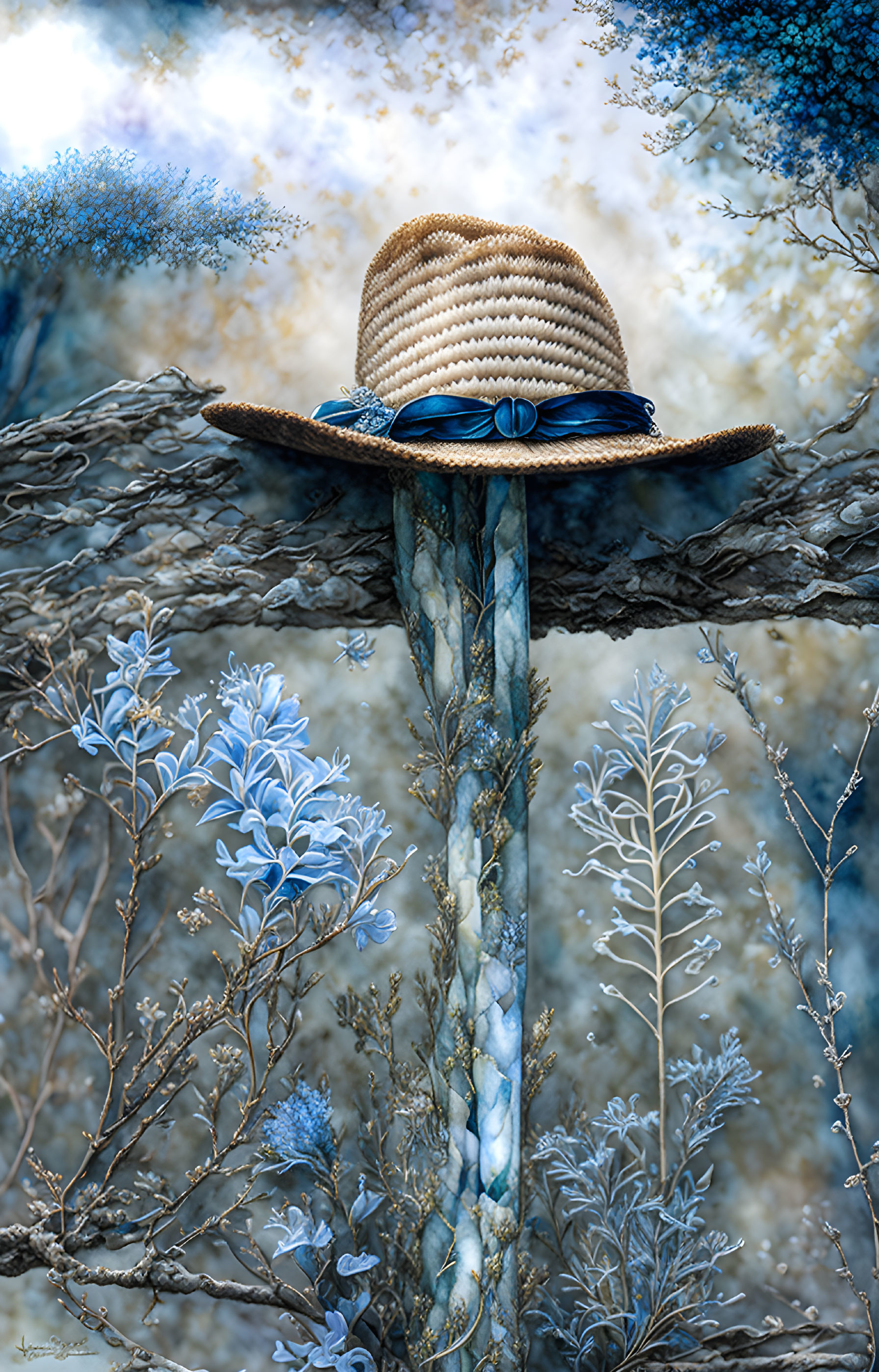 Straw hat on wooden post with blue and white flora and soft-focus background