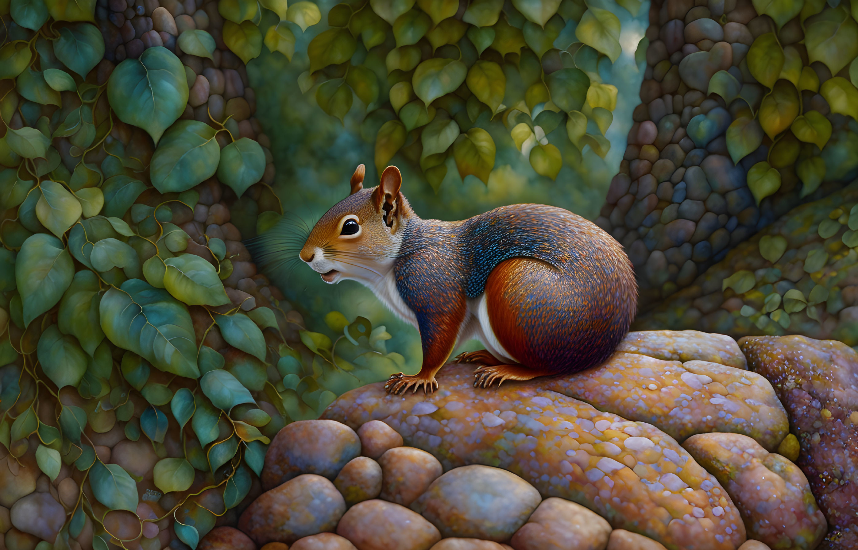 Vibrant illustration: squirrel on rocky terrain with green foliage