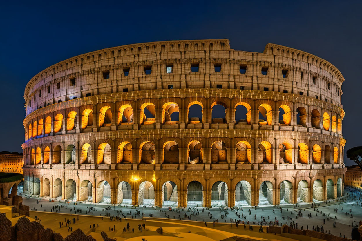 Iconic Colosseum in Rome at night with illuminated crowds under twilight sky