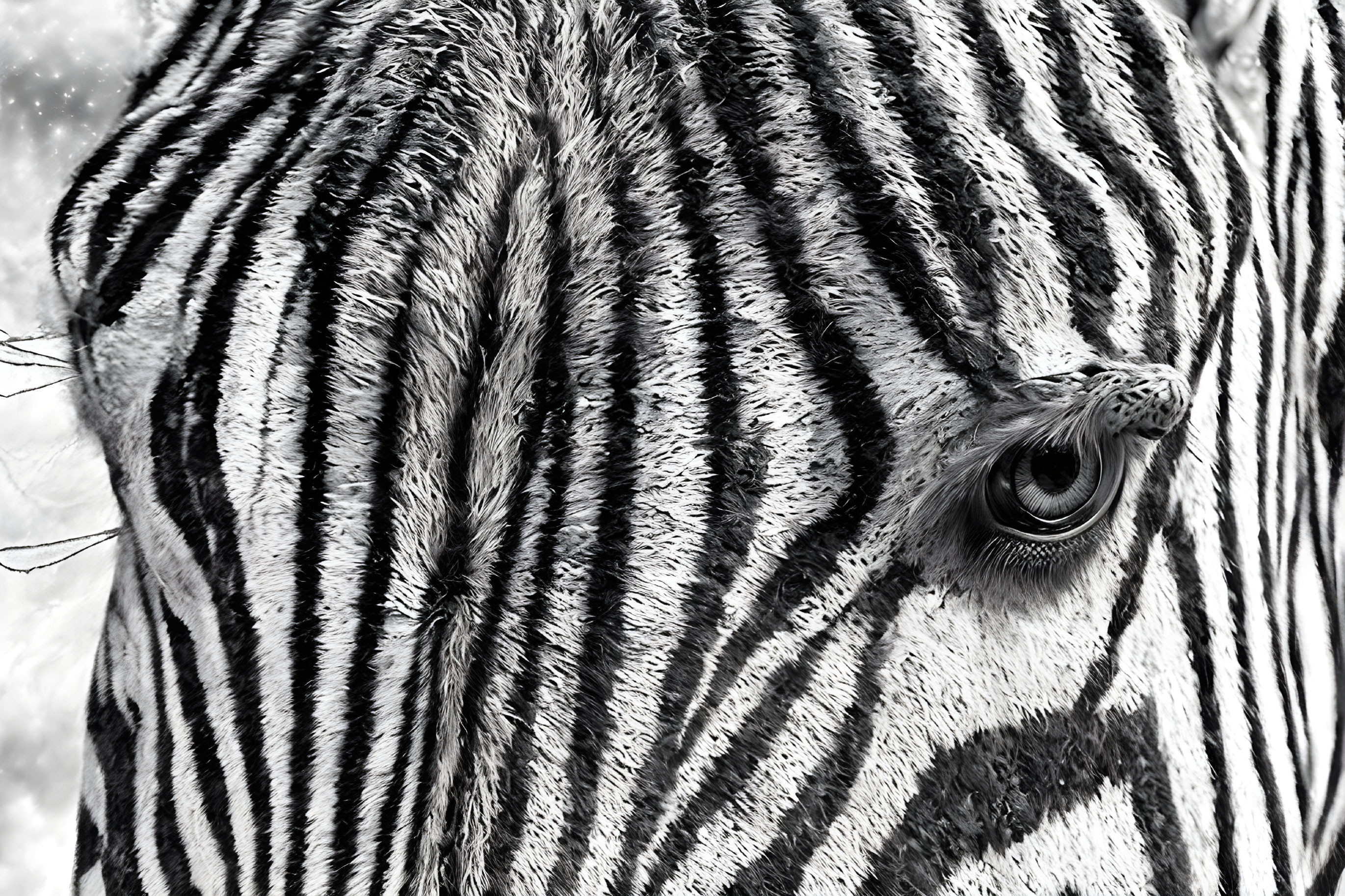 Detailed view of zebra's eye and distinctive black & white fur pattern