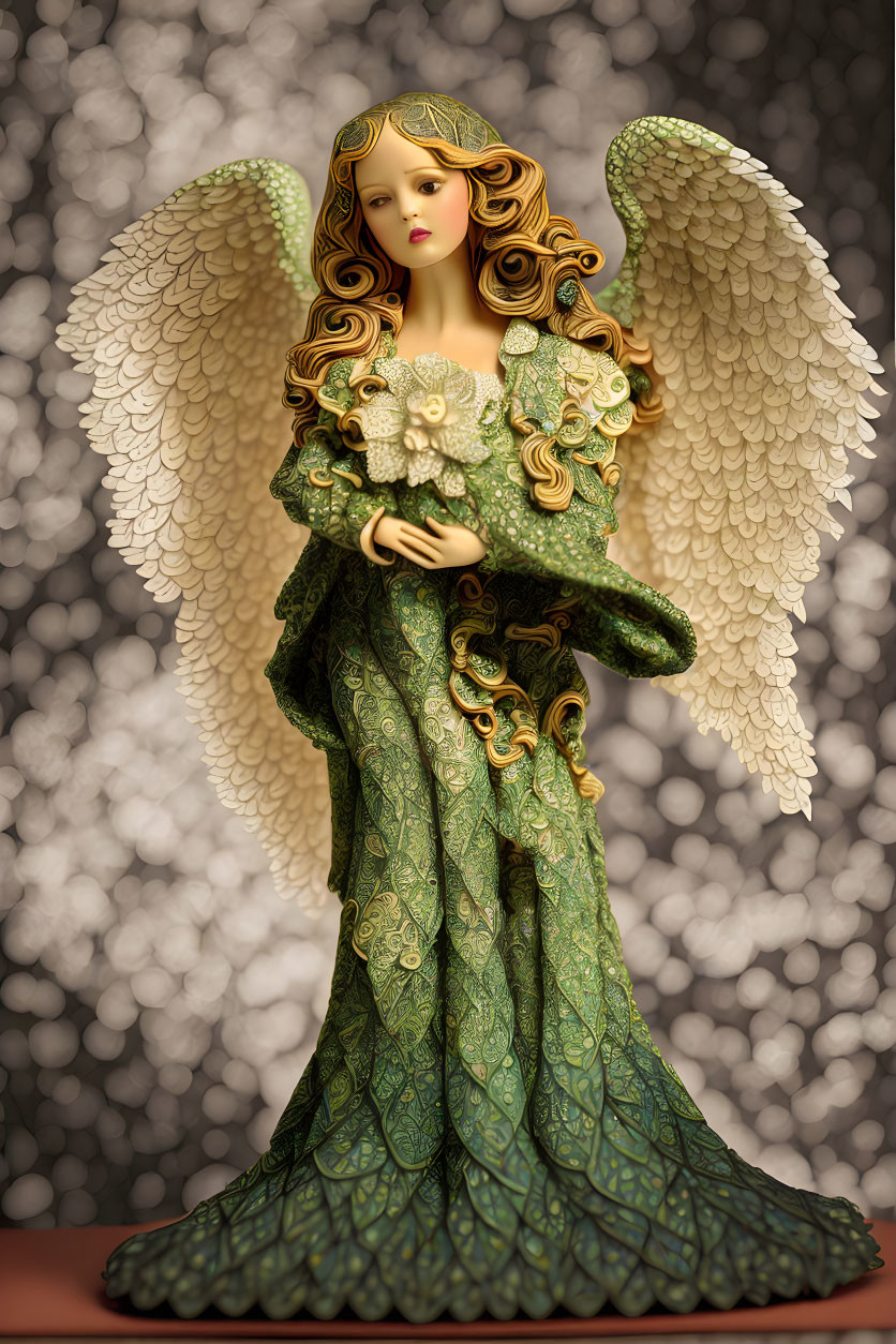 Intricate porcelain angel figurine with detailed wings and green floral gown